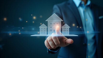 Navigating Real Estate Trends: A Hand Interacting with Holographic Displays of Current Property Market Movements in an Empty Space Concept for Photo Stock