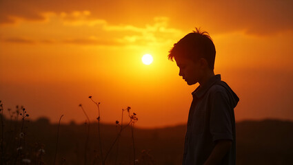 Fototapeta premium Sad boy silhouette worried on the meadow at sunset illustrating emotional distress and childhood vulnerability concept as Silhouette of a sad boy standing in a meadow at sunset illustrating emotional 