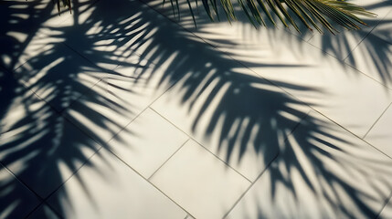Fototapeta premium Shadow of Palm Leaves on Tiled Floor, Tropical Poolside Vibes