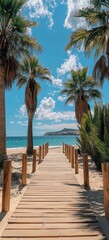 Obraz premium Scenic tropical beach walkway with palm trees and clear blue sky