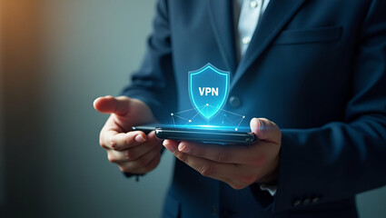 Secure Your Internet Privacy: Flat Person Using Smartphone with VPN Icon for Safe Connections