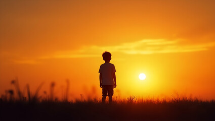 Silhouette of a Sad Boy in a Meadow at Sunset: Capturing Emotional Distress and Childhood Vulnerability