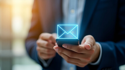 Businessman Using Smartphone to Check Email Inbox: Digital Communication Concept with Copy Space for Stock Photo - New Messages and Mobile Phone Hands