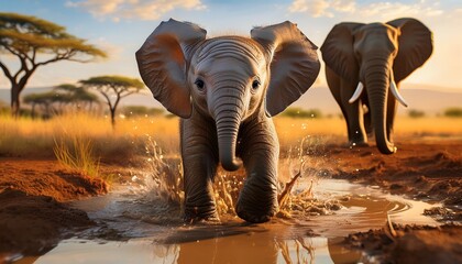 An adorable baby elephant splashes joyfully in a muddy puddle, while its mother watches protectively from the side, creating a heartwarming scene of play and affection in the wild.
