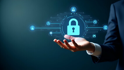 Flat Hand Engaging with Holographic Digital Banking Interface: Secure Financial Services & Currency Exchange Icons
