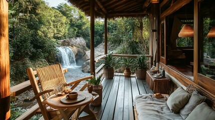 Fototapeta premium Wooden veranda overlooking a beautiful waterfall and forest landscape