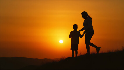Fototapeta premium Encouraging Family Bonding: A Flat Vector Illustration of a Mother Inspiring Her Son Outdoors at Sunset in Silhouette - Perfect for Capturing Special Moments