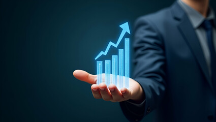 Hand showcasing holographic business growth revenue optimization symbol representing revenue optimization in empty space background concept as A hand presents holographic business growth revenue optim