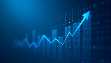 Fototapeta premium Blue backdrop featuring financial bar chart uptrend line and widescreen abstract stock market graph symbolizing financial growth and market trends. concept as Blue backdrop with financial bar chart up