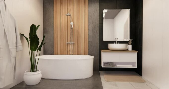 black and white brick scene bathroom with shower and Toilet and decoration on modern toilet room style .3D rendering