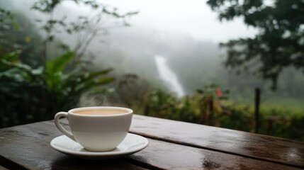 A white coffee cup and saucer on a wooden table