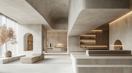 Minimalist concrete coworking space with clean lines and open space. 
