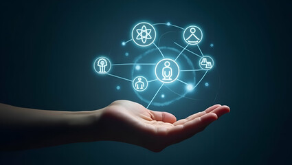 Flat Hand Presenting Holographic Cultural Symbols for Family Wellness