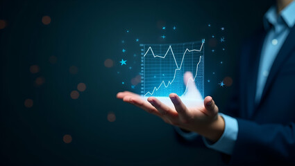 Flat Hand using holographic financial metrics tools for profit and loss with empty space background concept as A hand manipulating holographic tools to display financial metrics analyzing profit and l