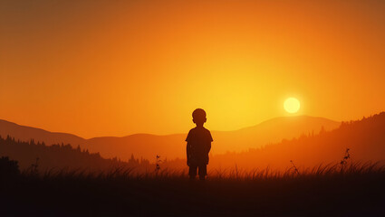 Silhouette of a Sad Boy in a Meadow at Sunset: Capturing Emotional Distress and Childhood Vulnerability in Stock Photography with Empty Space for Text