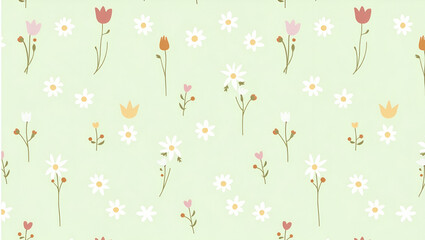 Simple Daisies and Tulips in Soft Green Tones: A Scandinavian Garden Seamless Tile Pattern for Minimalist Homes - Cute Vector Illustration for Smart Business Design