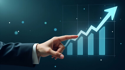 Businesswoman Pointing at Digital Arrow Graph: Illustrating Investment Profit Growth, Business Development Success, and Strategic Planning in Stock Photo with Empty Space for Customization
