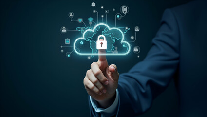 Flat Hand Engaging with Holographic API Interface: A Cute Vector Illustration Showcasing Cloud Computing, Global Network Security, and Software Development Integration in a Smart Business Context