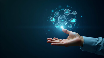 Fototapeta premium Hand interacting with holographic digital automation interface displaying gears data analysis optimization icons symbolizing business automation and process optimization in empty space concept as Hand