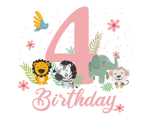 Cute Jungle Animals 4th Birthday Clipart. Vector illistration.