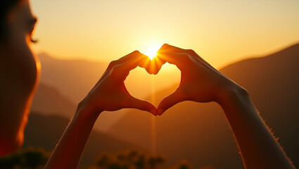 Future Planning: Woman Framing Sunrise with Hands on Mountain - Capturing Vision Outdoors