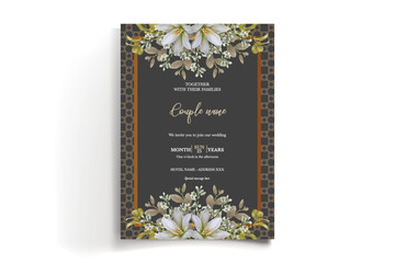 WEDDING INVITATION FRAME WITH FLOWER DECORATIONS AND FRESH LEAVES