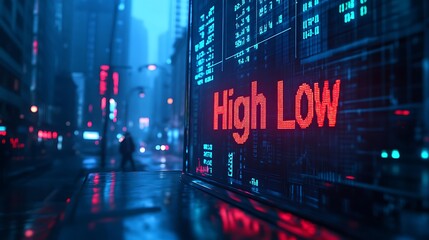 Fototapeta premium Digital Stock Market Display at Night, A close-up view of a digital stock market display showing High and Low prices