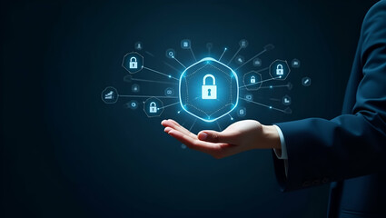 Fototapeta premium Flat Hand Holding Holographic AI Interface for Data Security & Automation