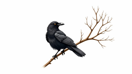 Fototapeta premium Spooky Halloween Raven Clipart: Watercolor Illustration of a Black Bird on Branch with Crisp Details