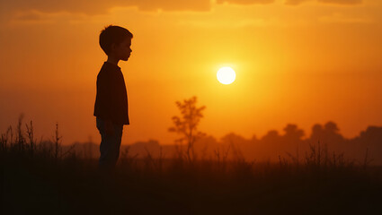 Sad Boy Silhouette in Meadow at Sunset: Childhood Vulnerability Concept