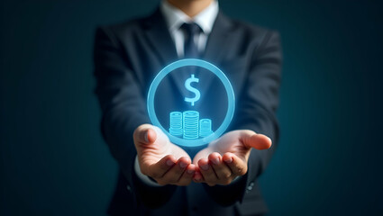 Hand Holding Holographic Profit Resources Icon: Visualizing Financial Management Against Minimalist Background for Stock Photo Concepts
