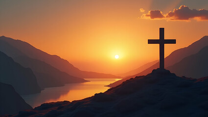Cross silhouette on the mountain at sunset with water reflection symbolizing faith spirituality tranquility of nature in serene landscape. concept as Cross silhouette on mountain at sunset with water 