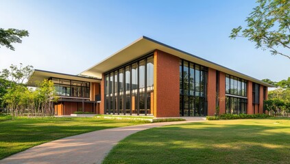 Fototapeta premium A modern school building, sunny, with large windows and lush green lawns. The exterior walls are made of red bricks, showing a modern architectural style