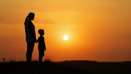 Mother Encouraging Son Outdoors at Sunset: A Silhouette Illustration of Family Bonding