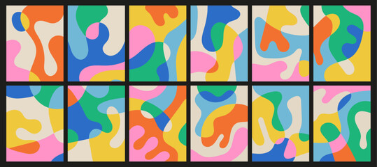 Set of colorful and fun abstract backgrounds in doodle style. Simple and playful design with hand-drawn overlapping shapes. Organic, flat vector illustrations.