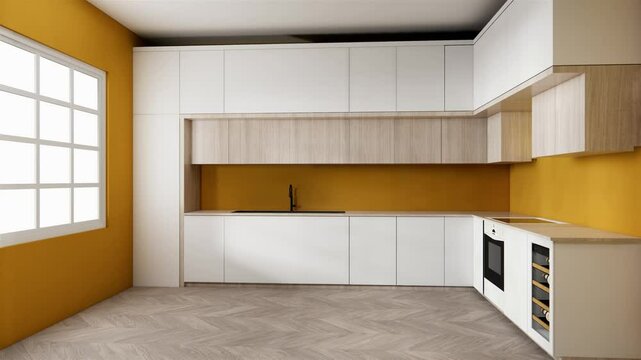 Mock up yellow Kitchen room mock up.3D rendering