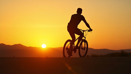 Obraz premium Flat Young Man Riding Bicycle Against Sunset: A Cute Vector Illustration Symbolizing Freedom and Outdoor Adventure for Smart Business Branding