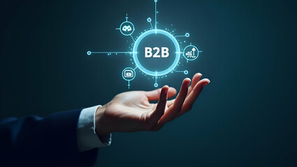 Obraz premium Flat Hand Engaging with Holographic B2B Business Strategy Interface: Visualizing Partnership Targets in a Smart, Cute Vector Illustration for Effective Business Planning