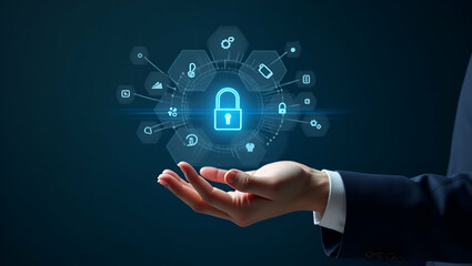 Flat Hand interacting with holographic digital banking interface showing financial services data security currency exchange payment icons in empty space concept as Hand interacts with holographic digi