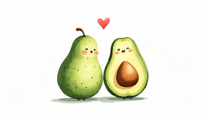 Hand Drawn Watercolor Avocado Couple in Love Clipart for Nursery Art - Isolated on White Background