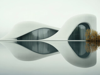 Minimalist building with reflective curved surfaces, emphasizing soft symmetry and fluid design.
