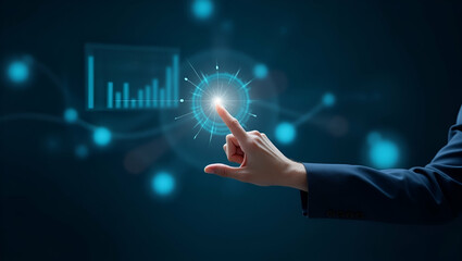 Fototapeta premium Hand interacting with holographic interface for investment banking jobs in empty space concept as A hand navigating a holographic interface showcasing various investment banking job opportunities and 