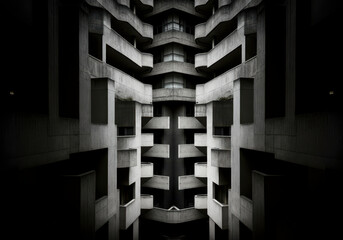 Complex mirrored symmetry in a futuristic building interior, playing with reflections and depth.