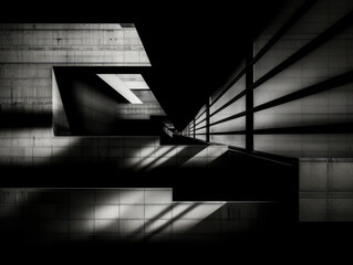 Dramatic black and white interior with sharp geometric symmetry and contrasting light and shadow.