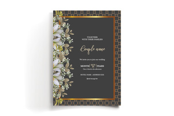 WEDDING INVITATION FRAME WITH FLOWER DECORATIONS AND FRESH LEAVES
