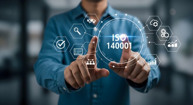 A person interacts with digital icons representing ISO 14001, indicating environmental management standards within a modern office setting.