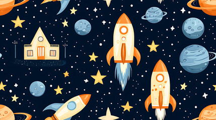 Fototapeta premium Futuristic city with rockets, planets, and stars in seamless pattern