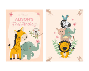 Cute Jungle AnimalsFirst Birthday Clipart. Vector illistration.