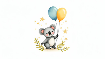 Fototapeta premium Whimsical Watercolor Illustration of a Koala Holding Balloons Surrounded by Leaves and Stars - Playful and Cheerful Atmosphere Perfect for Children's Decor in Photo Stock with Empty Space on the Left