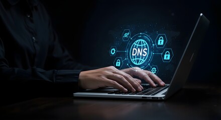 A person types on a laptop, with a digital representation of DNS and security icons displayed, highlighting internet connectivity and cybersecurity.